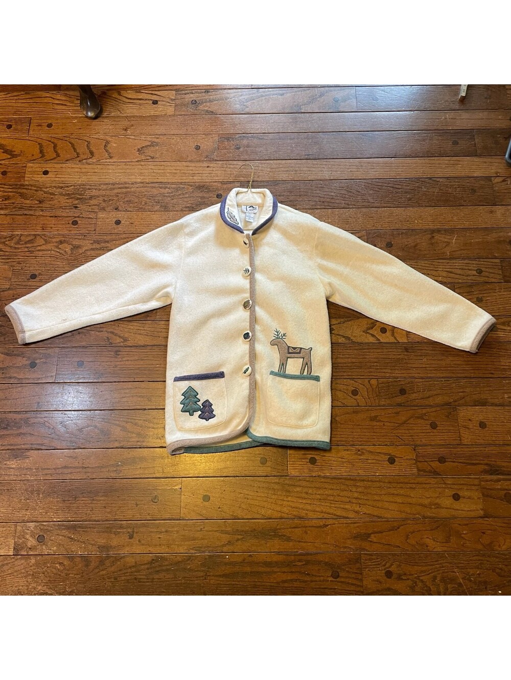 Cream Fleece Button-Up Jacket with Reindeer and Tree Appliques